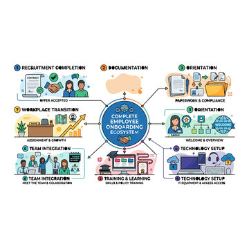 Complete employee onboarding ecosystem workflow infographic visual diagram summary.