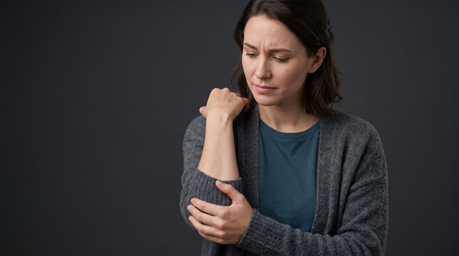 Retrato comercial de alta resoluci&oacute;n con encuadre ajustado en la parte superior del cuerpo de una persona sosteniendo protectoramente su propio antebrazo