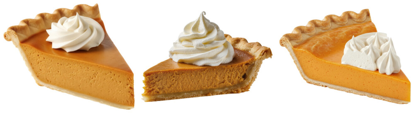 Three slices of pumpkin pie with whipped cream, isolated on transparent background