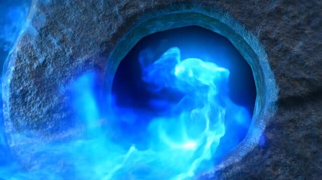 Glowing Blue Energy Illuminating Rocky Cave Opening