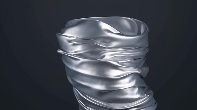 Reflective silver folded abstract sculpture with layered pointed form against dark background