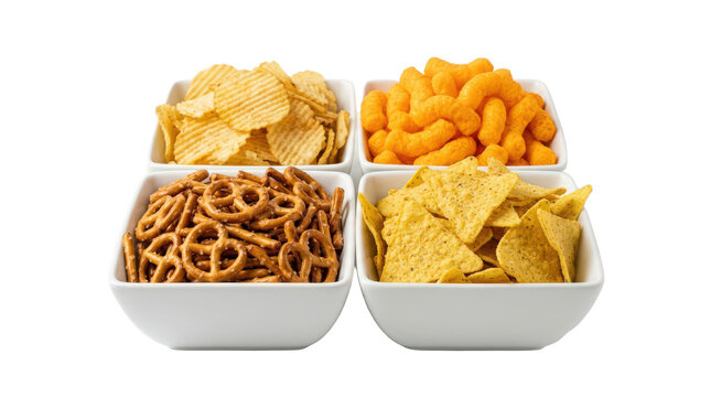 Four bowls of assorted savory snacks isolated on transparent background