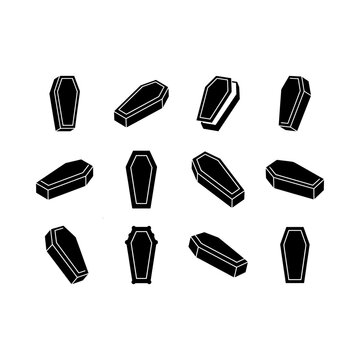 Black wooden coffins in various angles vector icon set with graveyard, cemetery