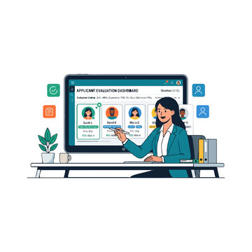 Human resources professional using applicant tracking system for candidate evaluation selection.