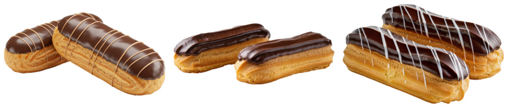 Assortment of chocolate eclairs with white and brown icing, isolated on transparent background