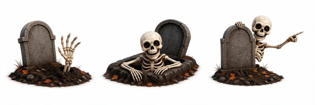 AI image 3D cute Halloween decoration set: funny smiling skeletons rising from graves and pointing, with blank stone tombstones for copy space. Isolated on white background