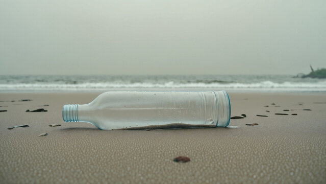An empty plastic baby bottle lying on a wet sandy beach near the sea shore, environmental pollution concept