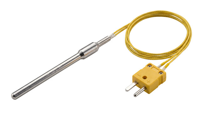 Industrial thermocouple temperature sensor with yellow connector for measurement.