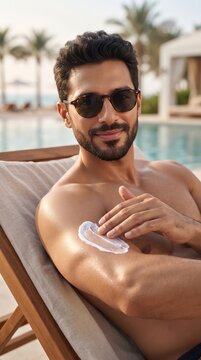 Handsome man enjoying a sunny day, carefully applying sunscreen for skin protection