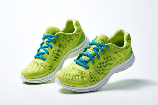 Pair of lime green running shoes with blue laces isolated on white background
