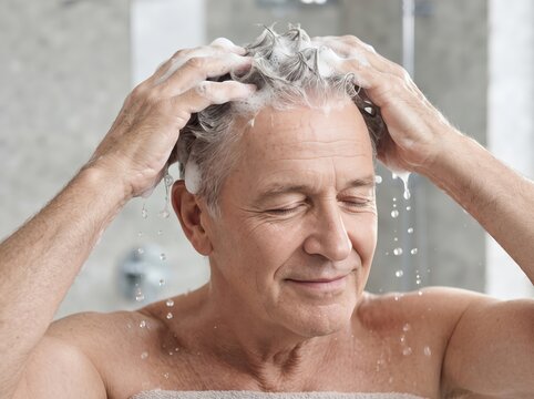 Senior man washing his gray hair with shampoo in shower