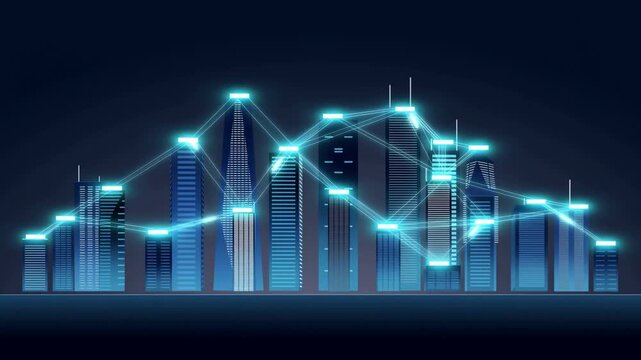 illuminated city skyline with glowing skyscrapers under dark night sky