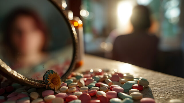 Reflection of self: pills scattered with mirror and flower