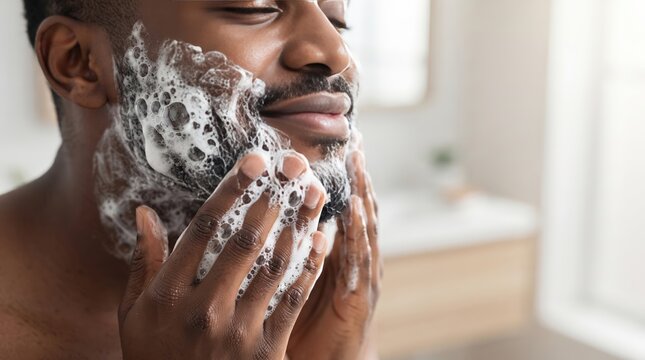 African American man applying shaving foam for facial grooming routine