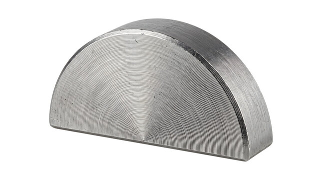 Metal semicircular cam shape with concentric brushed lines for industrial machine parts.