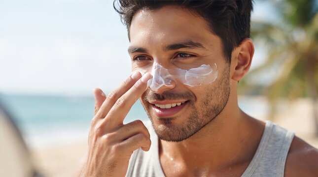 Man Applying Sunscreen Lotion on Nose for Beach Skin Protection
