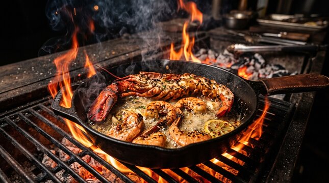 Sizzling grilled lobster and jumbo shrimp with caramelized edges and bubbling garlic butter in a fiery cast iron skillet with dramatic cinematic lighting.