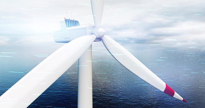 Offshore wind farm power generation with flowing abstract energy particles animation. Sustainable energy related 3d animation.
