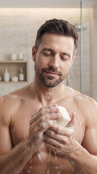 Handsome Man Enjoying Refreshing Shower with Soap Bar in Bathroom
