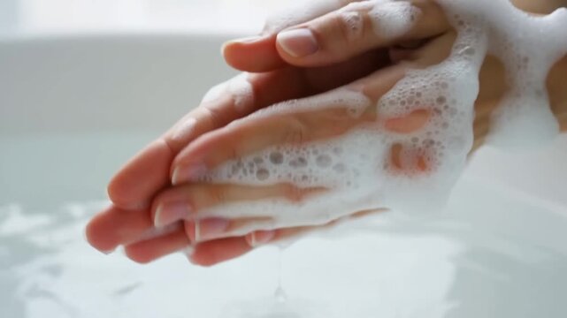 Lathered hands covered with soap suds over a white sink during personal hygiene
