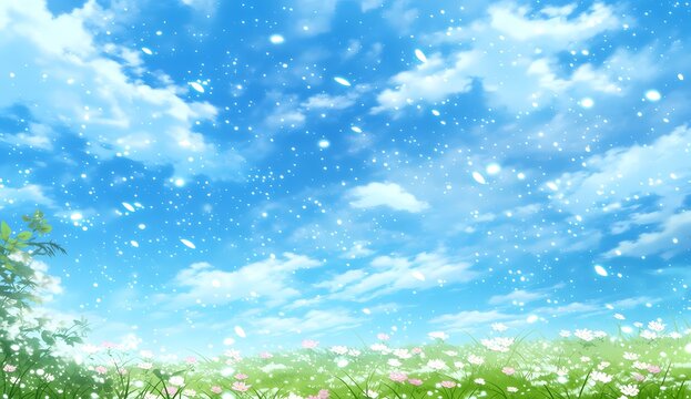 Illustration Style Anime d'un Ciel Bleu Lumineux avec Nuages et Champ de Fleurs Onirique