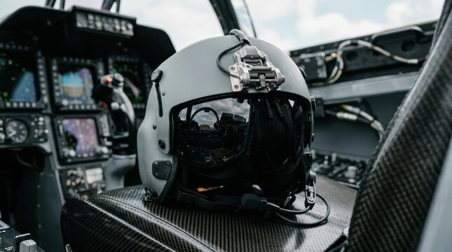 Military pilot helmet resting on an ejection seat in fighter jet cockpit