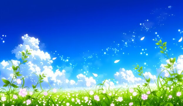 Illustration Style Anime d'un Ciel Bleu Lumineux avec Nuages et Champ de Fleurs Onirique