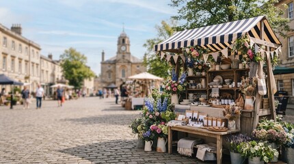 Fototapeta premium Charming outdoor artisan market stall with handmade crafts and vintage decor in sunny town square