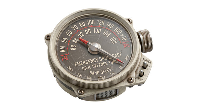 Retro civil defense emergency radio tuner with aged dial for vintage communication.