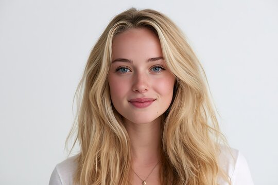 Closeup portrait of a young blonde woman with blue eyes and a gentle smile, isolated on white background
