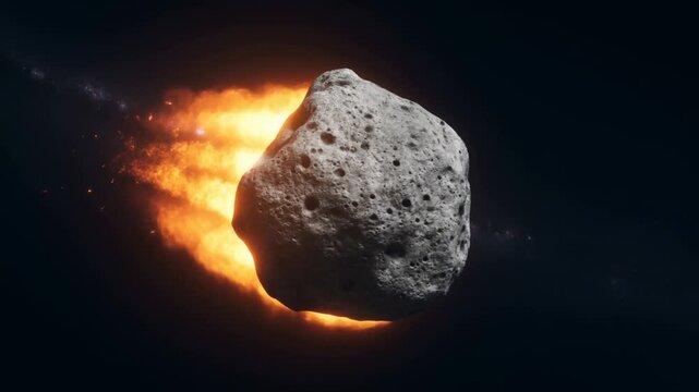 Rocky asteroid suspended in deep space with bright fiery glow and distant star field