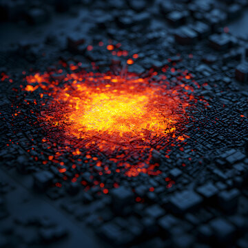 Data Analytics Heat Bloom Indicator on Dark Map Background, Yellow Red Gradient Intensity at High Activity Epicenter, 3D Clean Render, Top Down Macro Spotlight with Copy Space