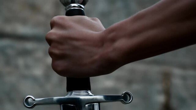 Hand gripping sword hilt in close view against a blurred background during a stationary hold