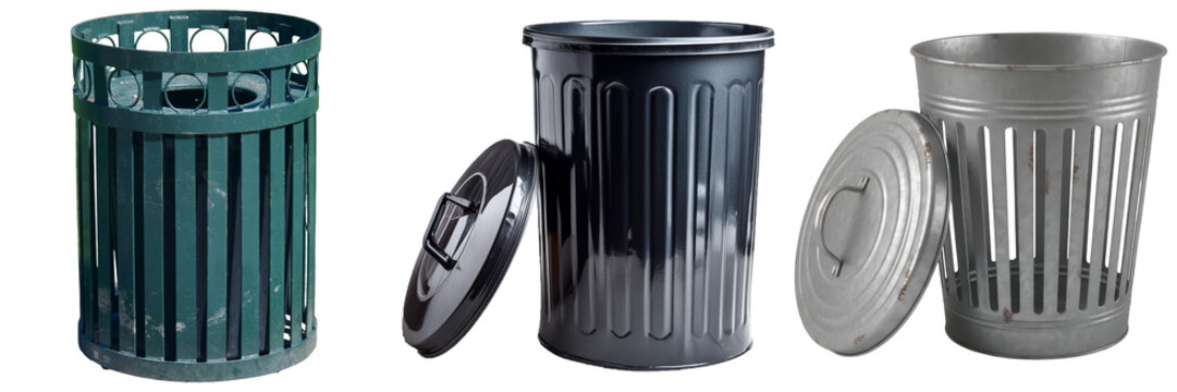 Three different types of trash cans isolated on a white background