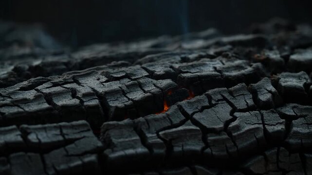 Glowing charcoal embers smoldering beneath cracked black coals in a dark fire pit