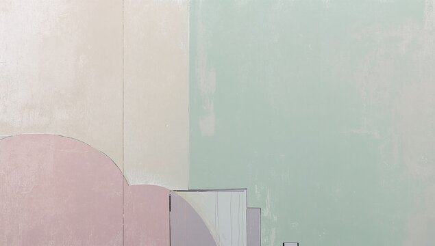 Displaying abstract geometric mural on gallery wall, showing pastel rectangles semicircles seams