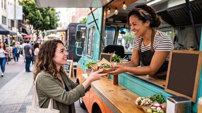 Happy customer receives fresh tacos from a food truck vendor on a busy street