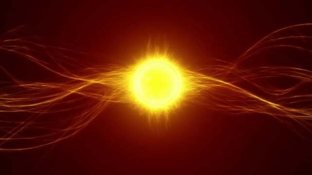 Glowing energy sphere with radiating filaments against deep red abstract background