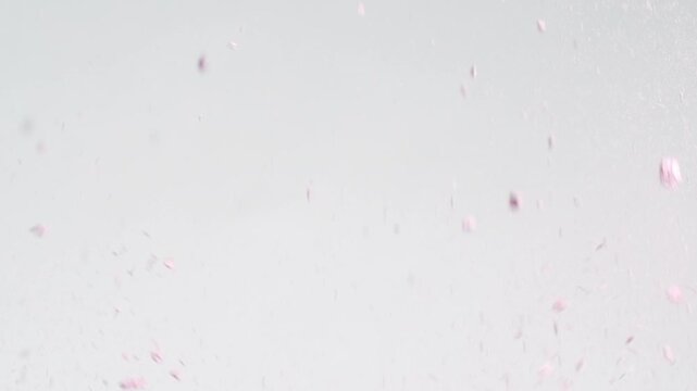 Extreme detailed slow-motion view of two pieces of pressed pink powder colliding and crashing on a plain grey background | Concept for blush commercial
