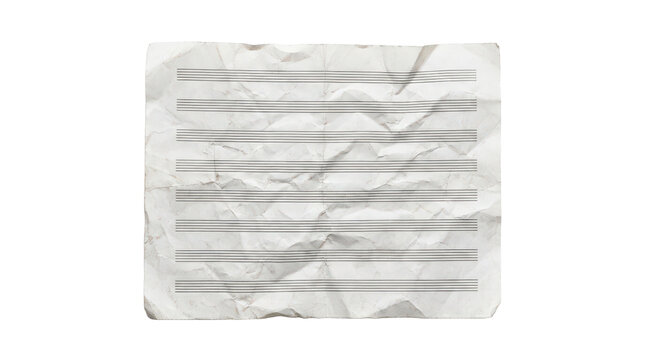 Crumpled blank music manuscript paper isolated on transparent background