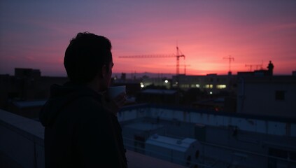 Fototapeta premium Holding mug, hooded man gazing toward sunset on rooftop parapet with cranes and vents, copy space