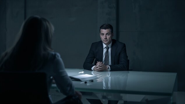 Sitting man in dark suit clasping hands at glossy concrete interview table, with notepad and pen