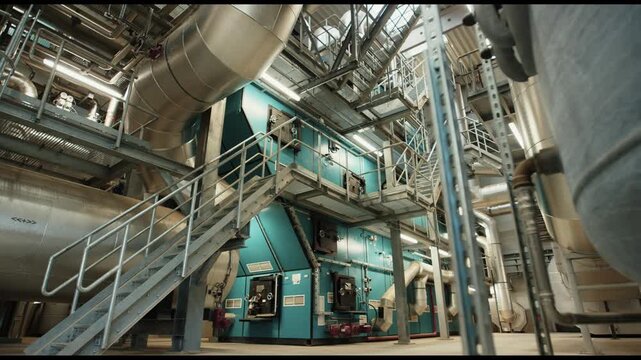 Steel staircase leading up between large industrial boilers