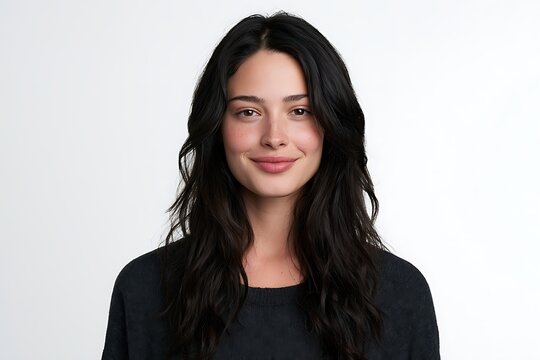 Portrait of a young woman with long dark hair isolated on white background