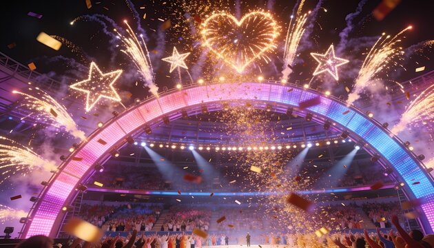 Lighting semicircular LED arch and shooting fireworks in stadium at night, with falling confetti