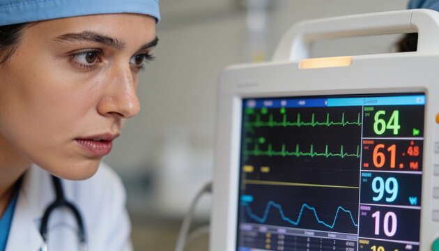 Leaning nurse in blue cap monitoring ECG at bedside showing HR64 SpO2 99, stethoscope, copy space