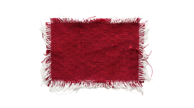 Red fabric swatch with frayed edges isolated on transparent background
