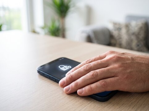 Hand covering smartphone screen with lock icon for mobile security and privacy concept