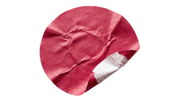 Red circular paper sticker with a peeled corner isolated on transparent background