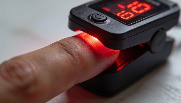 Inserting human fingertip into black fingertip oximeter on countertop, emitting red LED readout